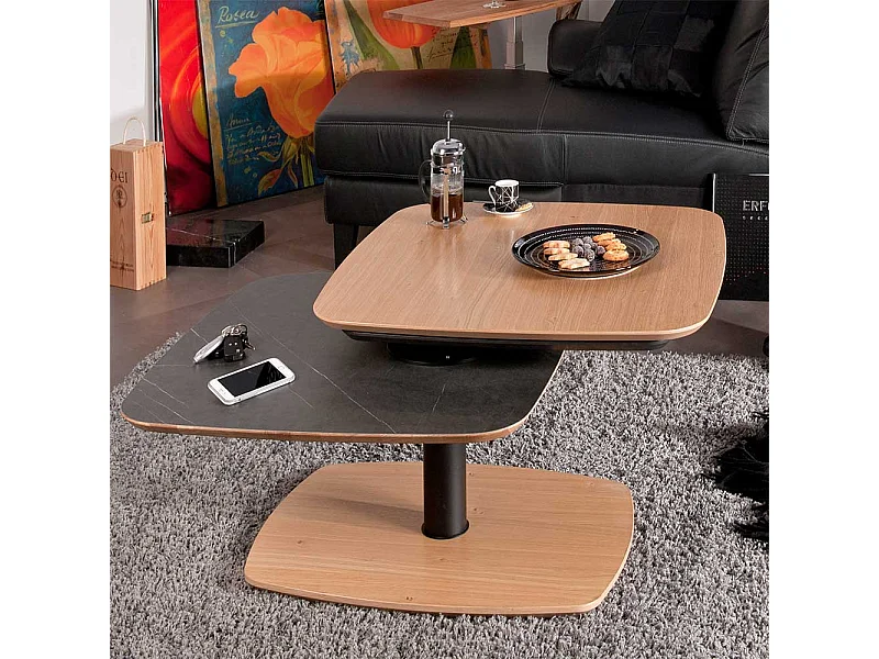 Designercouchtisch in Schwarz und Wildeiche furniert schwenkbarer Tischplatte