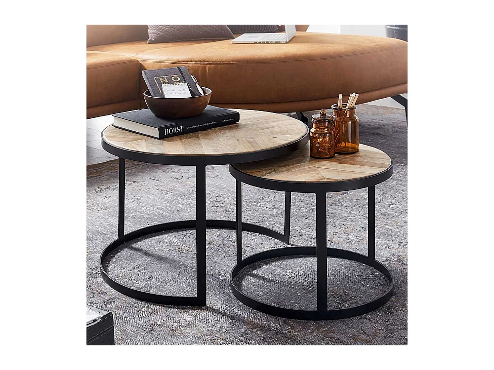 Couchtisch 2er Set rund aus Massivholz Ringgestell (zweiteilig)