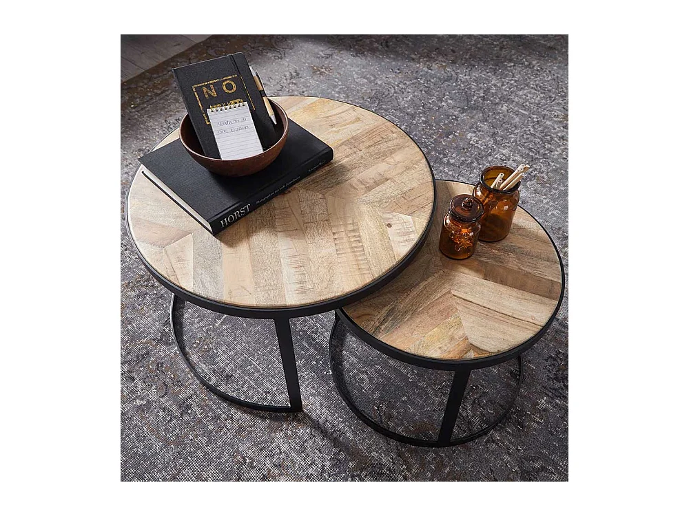 Couchtisch 2er Set rund aus Massivholz Ringgestell (zweiteilig)