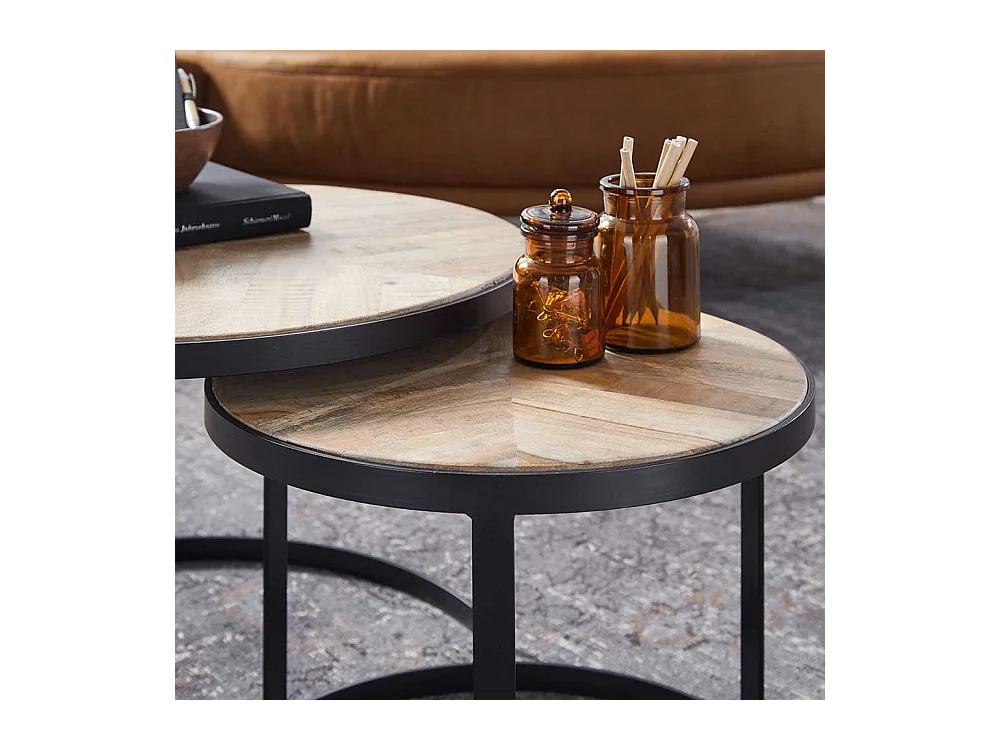 Couchtisch 2er Set rund aus Massivholz Ringgestell (zweiteilig)
