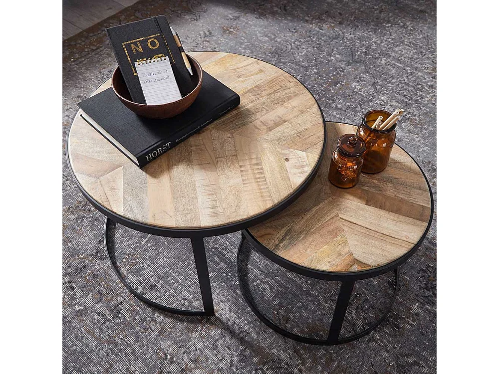 Couchtisch 2er Set rund aus Massivholz Ringgestell (zweiteilig)