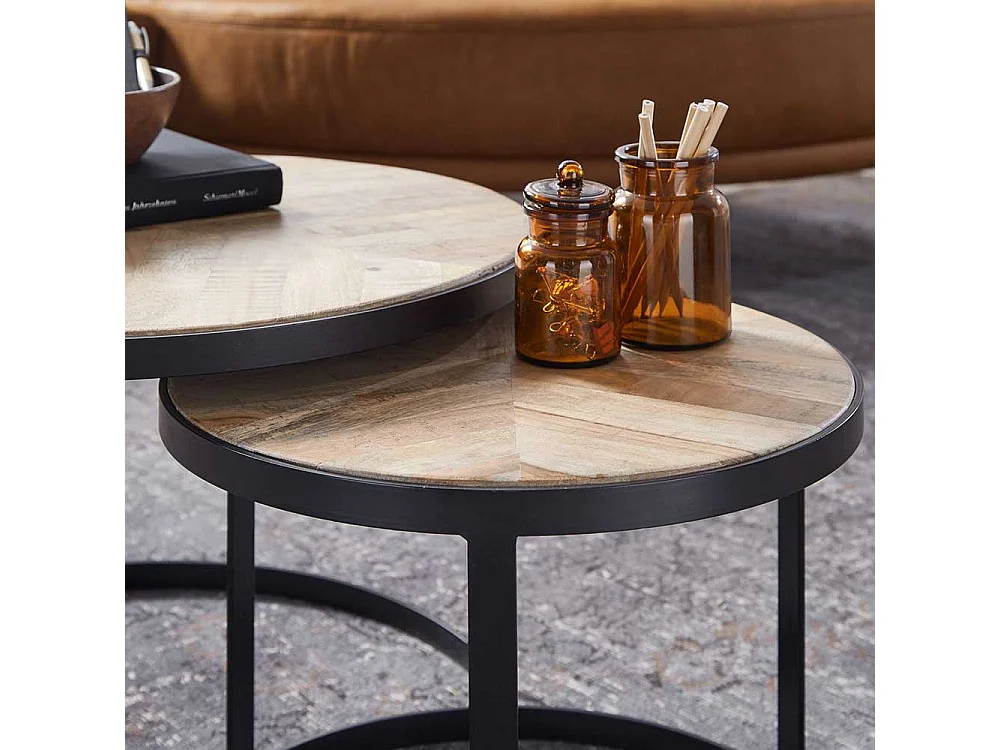 Couchtisch 2er Set rund aus Massivholz Ringgestell (zweiteilig)