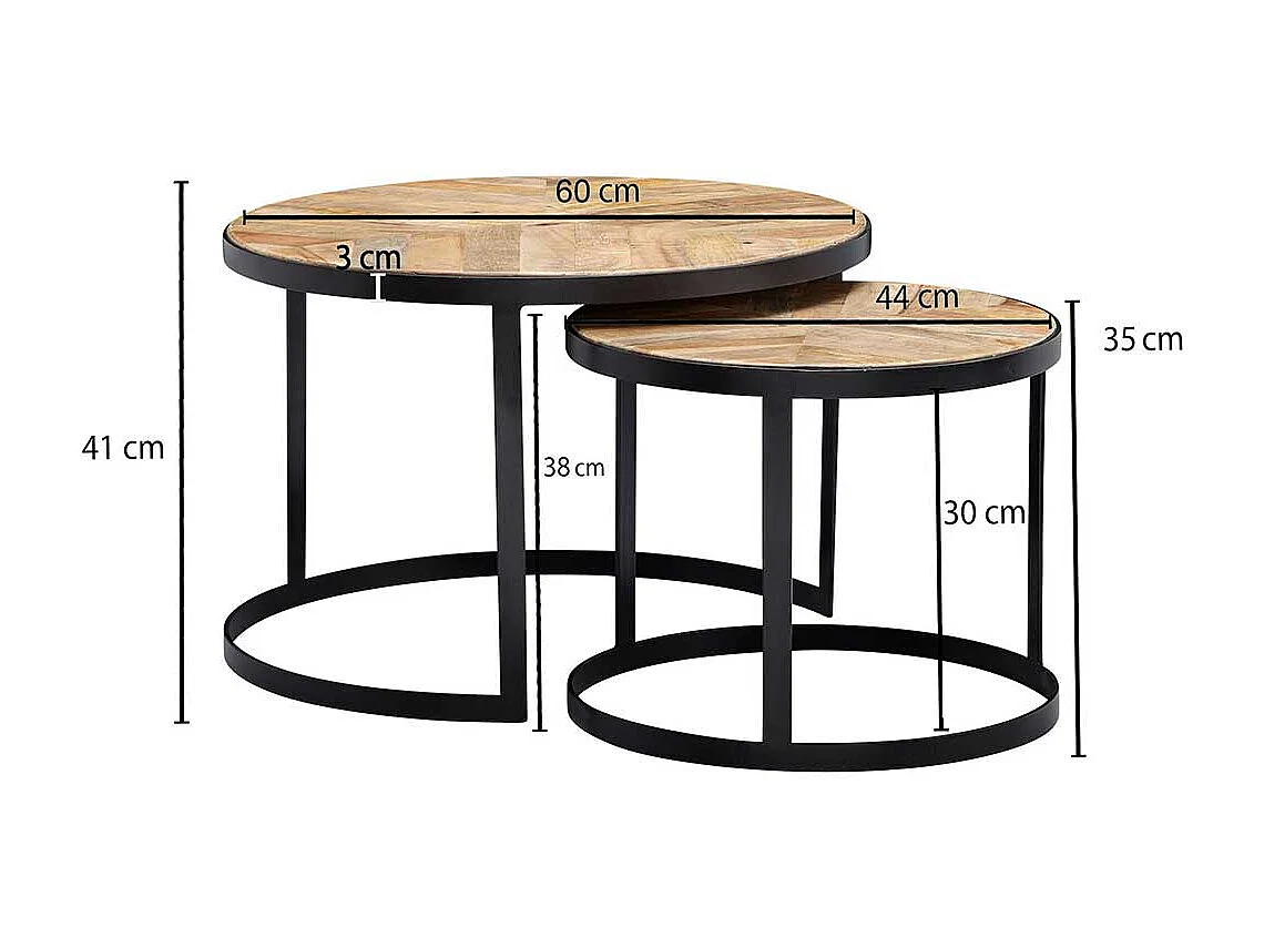 Couchtisch 2er Set rund aus Massivholz Ringgestell (zweiteilig)