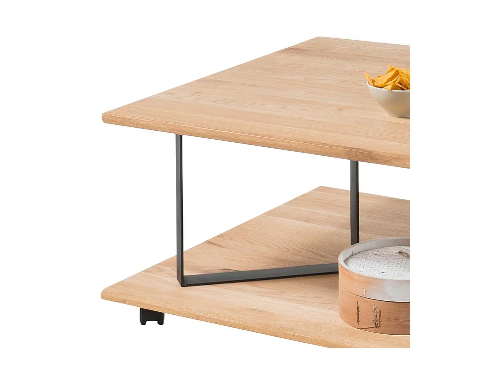 Wohnzimmertisch aus Eiche Massivholz und Metall rollbar