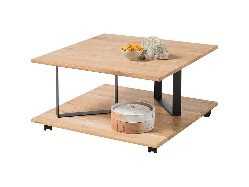 Wohnzimmertisch aus Eiche Massivholz und Metall rollbar