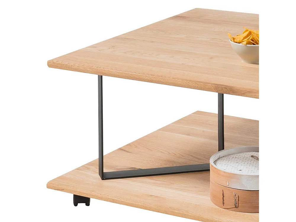 Wohnzimmertisch aus Eiche Massivholz und Metall rollbar