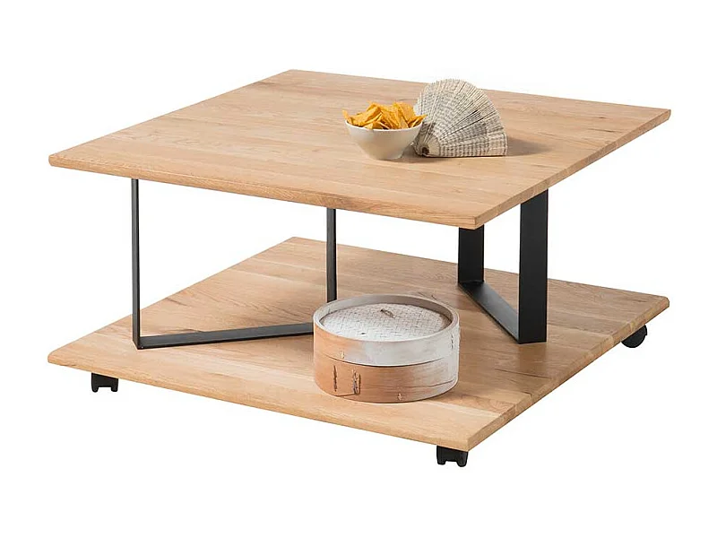Wohnzimmertisch aus Eiche Massivholz und Metall rollbar