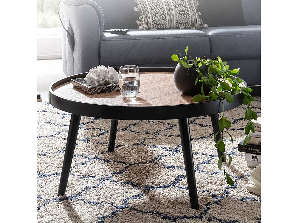 Retro Couchtisch in Schwarz und Holz Naturfarben 76 cm Durchmesser