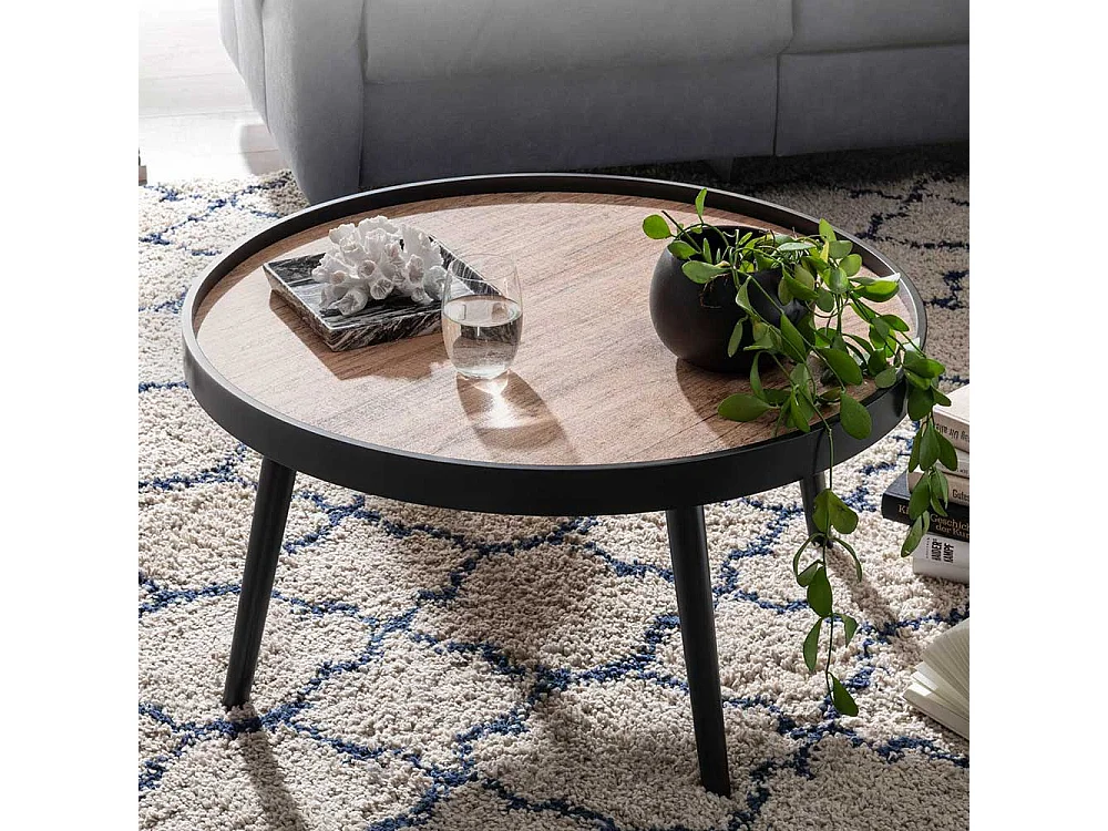 Retro Couchtisch in Schwarz und Holz Naturfarben 76 cm Durchmesser