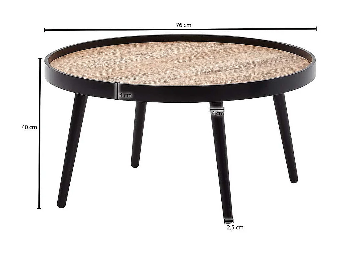 Retro Couchtisch in Schwarz und Holz Naturfarben 76 cm Durchmesser