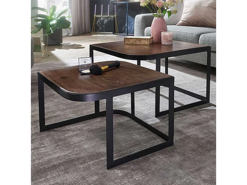 Designcouchtische in Dunkelbraun und Schwarz Massivholz und Metall (zweiteilig)