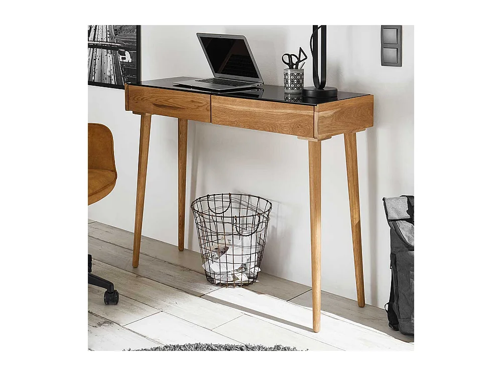Eiche Laptopschreibtisch im Skandi Design schwarzer Glasplatte
