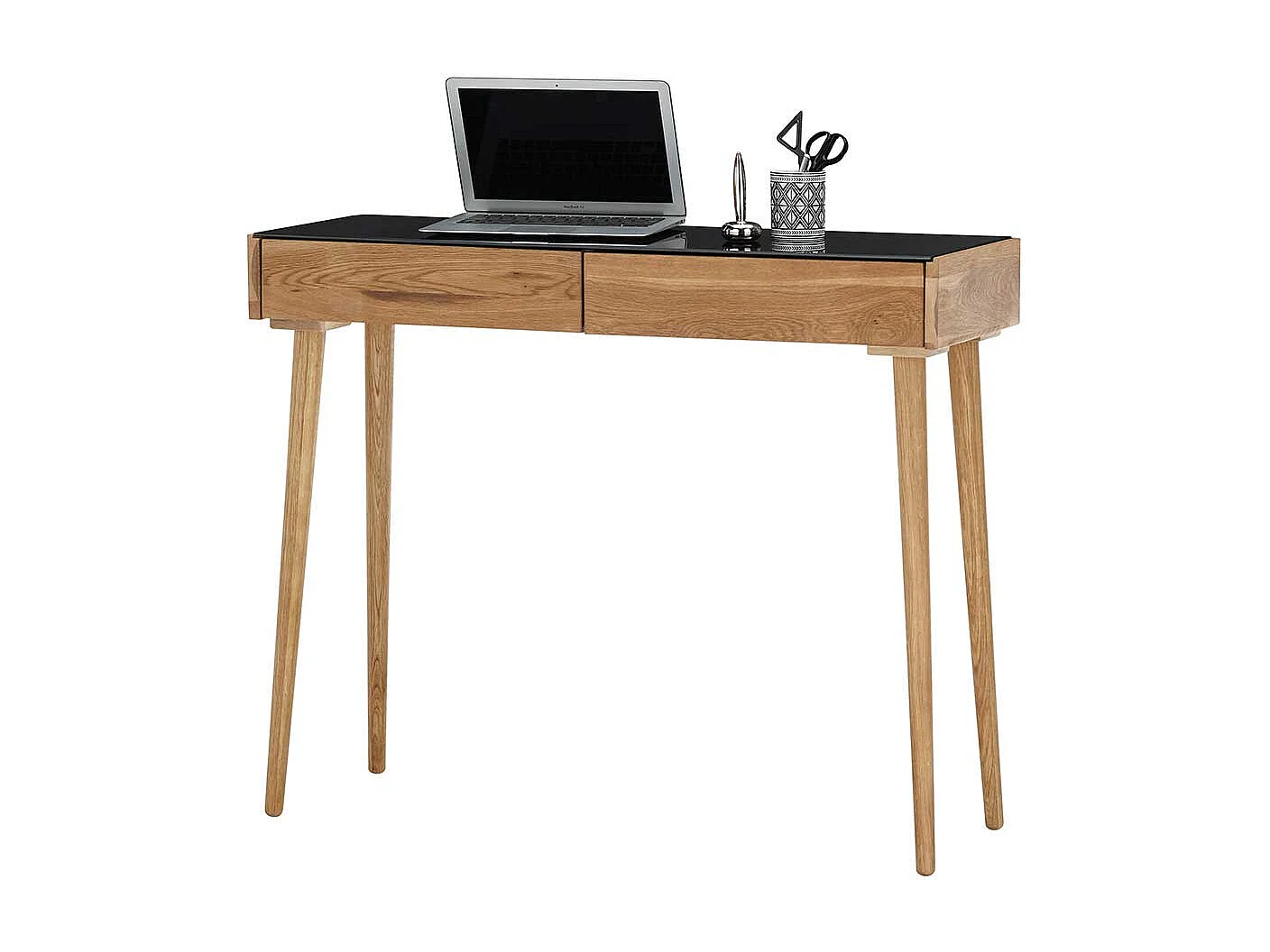 Eiche Laptopschreibtisch im Skandi Design schwarzer Glasplatte