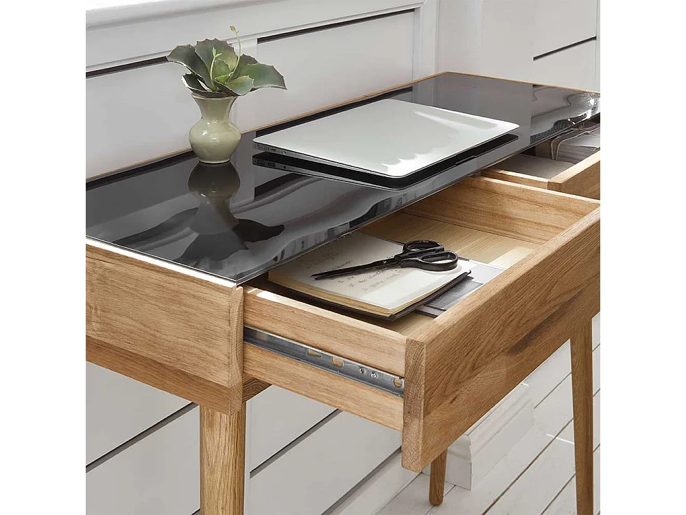 Eiche Laptopschreibtisch im Skandi Design schwarzer Glasplatte