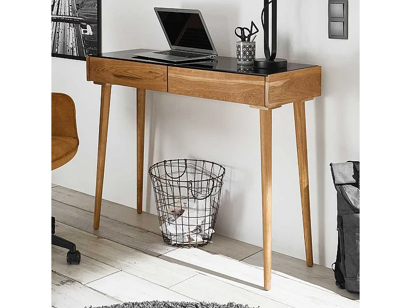 Eiche Laptopschreibtisch im Skandi Design schwarzer Glasplatte