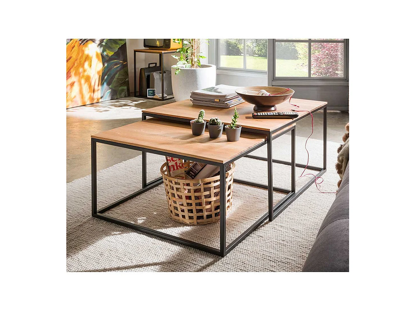 Couchtisch Set aus Asteiche Massivholz Metall (zweiteilig)