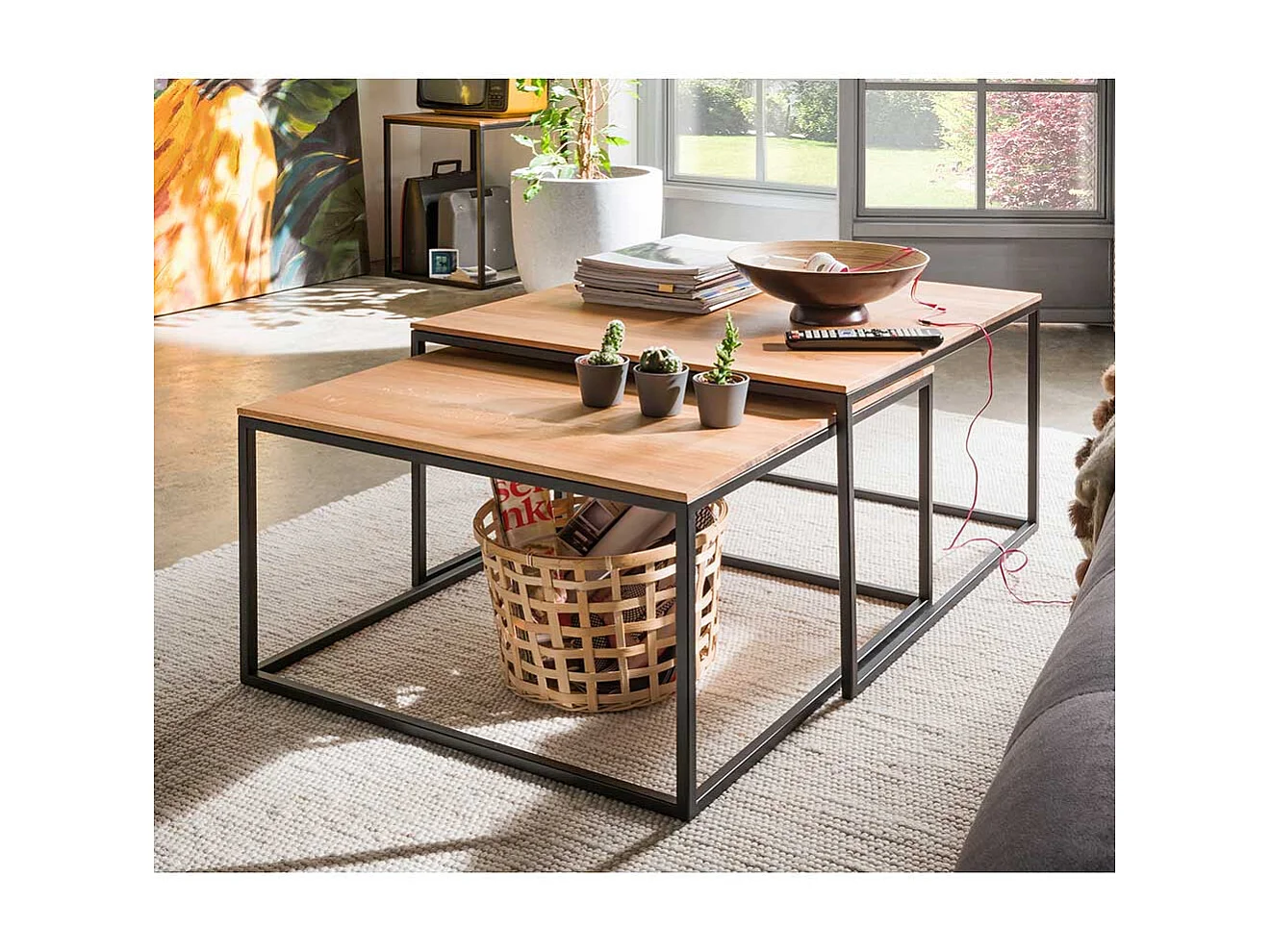 Couchtisch Set aus Asteiche Massivholz Metall (zweiteilig)