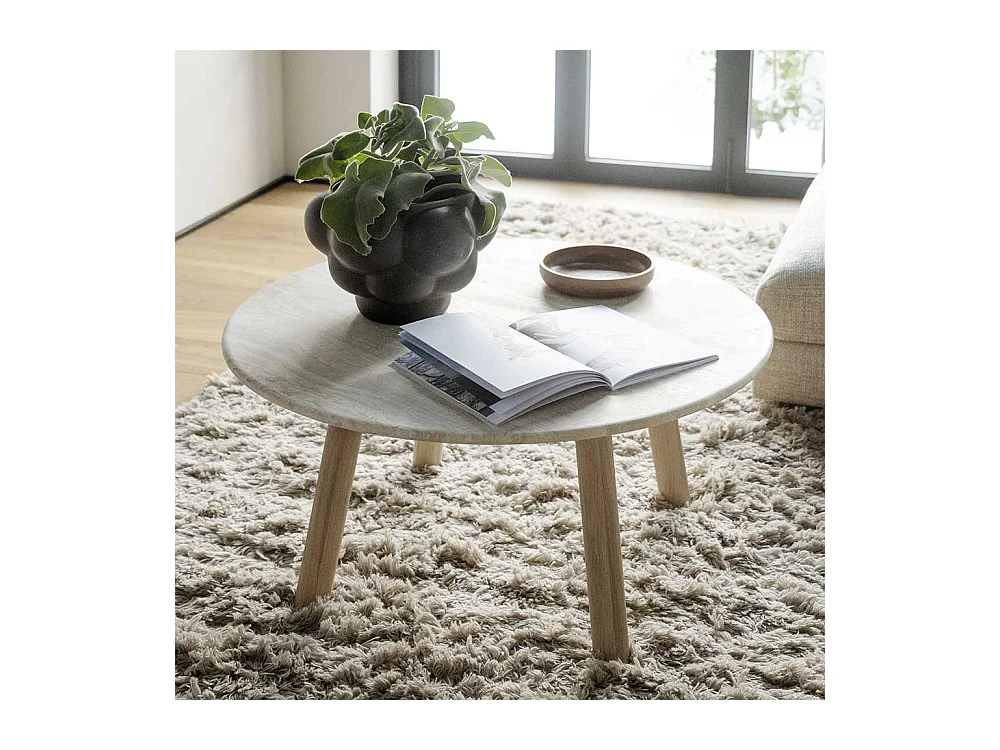 Couchtisch mit beiger Marmorplatte Gestell in Eiche White Wash