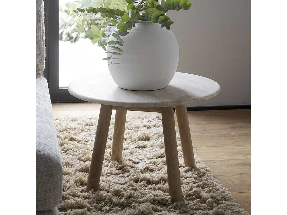 Couchtisch mit beiger Marmorplatte Gestell in Eiche White Wash
