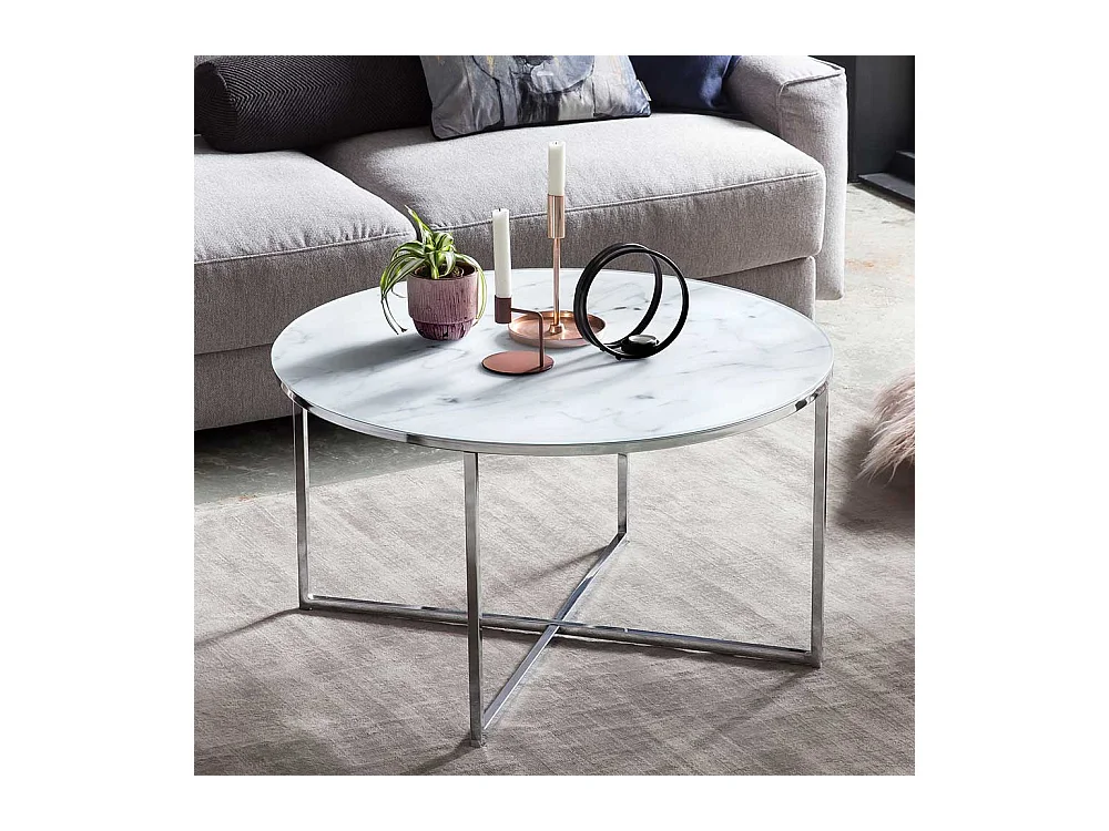 Design Couchtisch in Weiß und Chromfarben runder Tischplatte