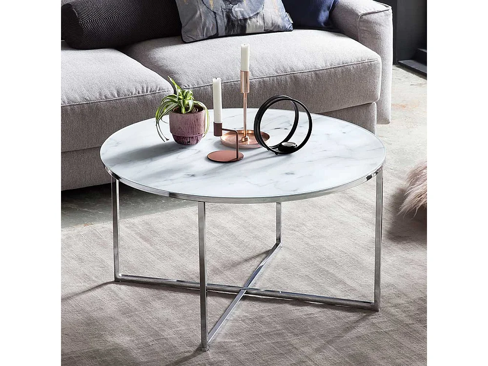 Design Couchtisch in Weiß und Chromfarben runder Tischplatte