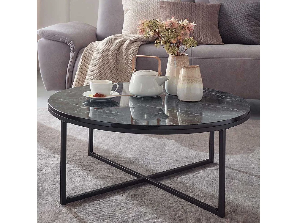 Sofatisch in Schwarz Marmor Optik rund