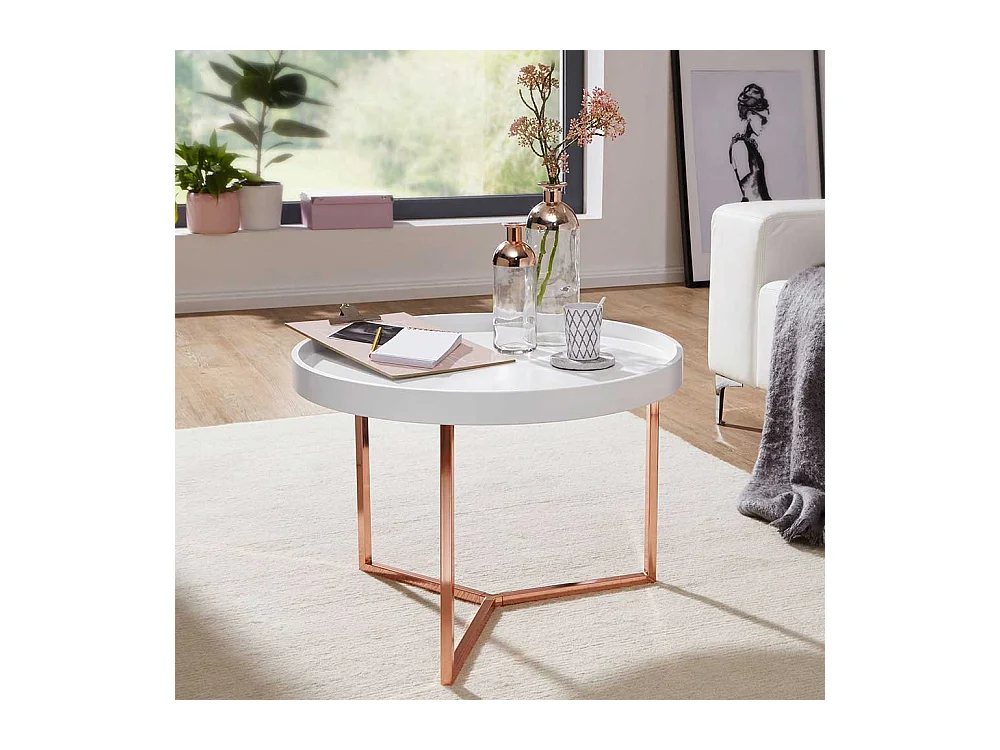 Tablett Couchtisch in Weiß und Kupferfarben rund