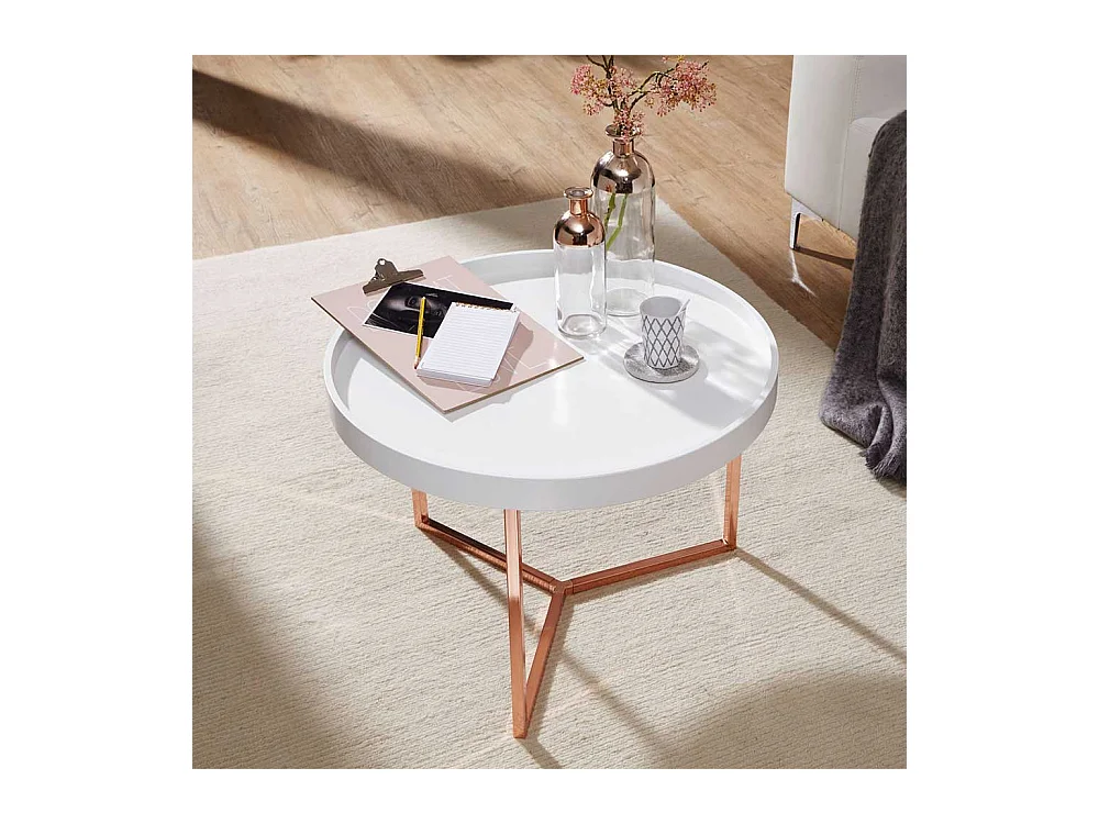Tablett Couchtisch in Weiß und Kupferfarben rund