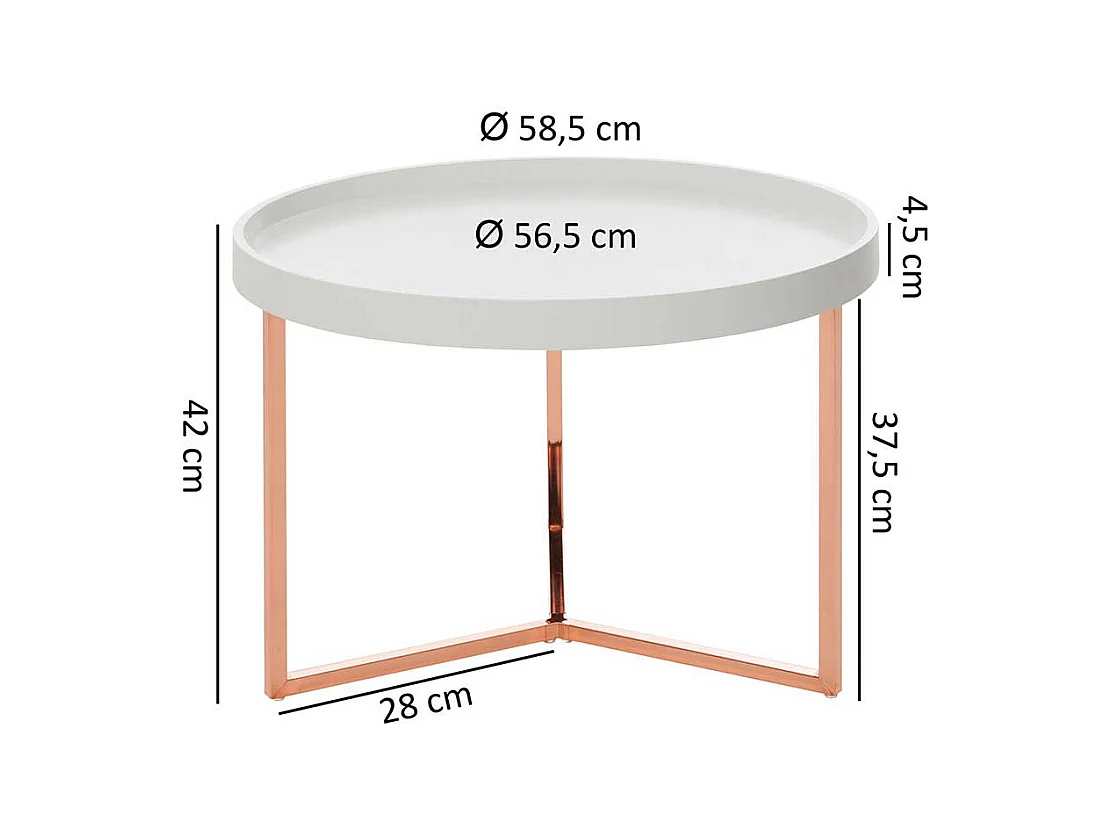 Tablett Couchtisch in Weiß und Kupferfarben rund