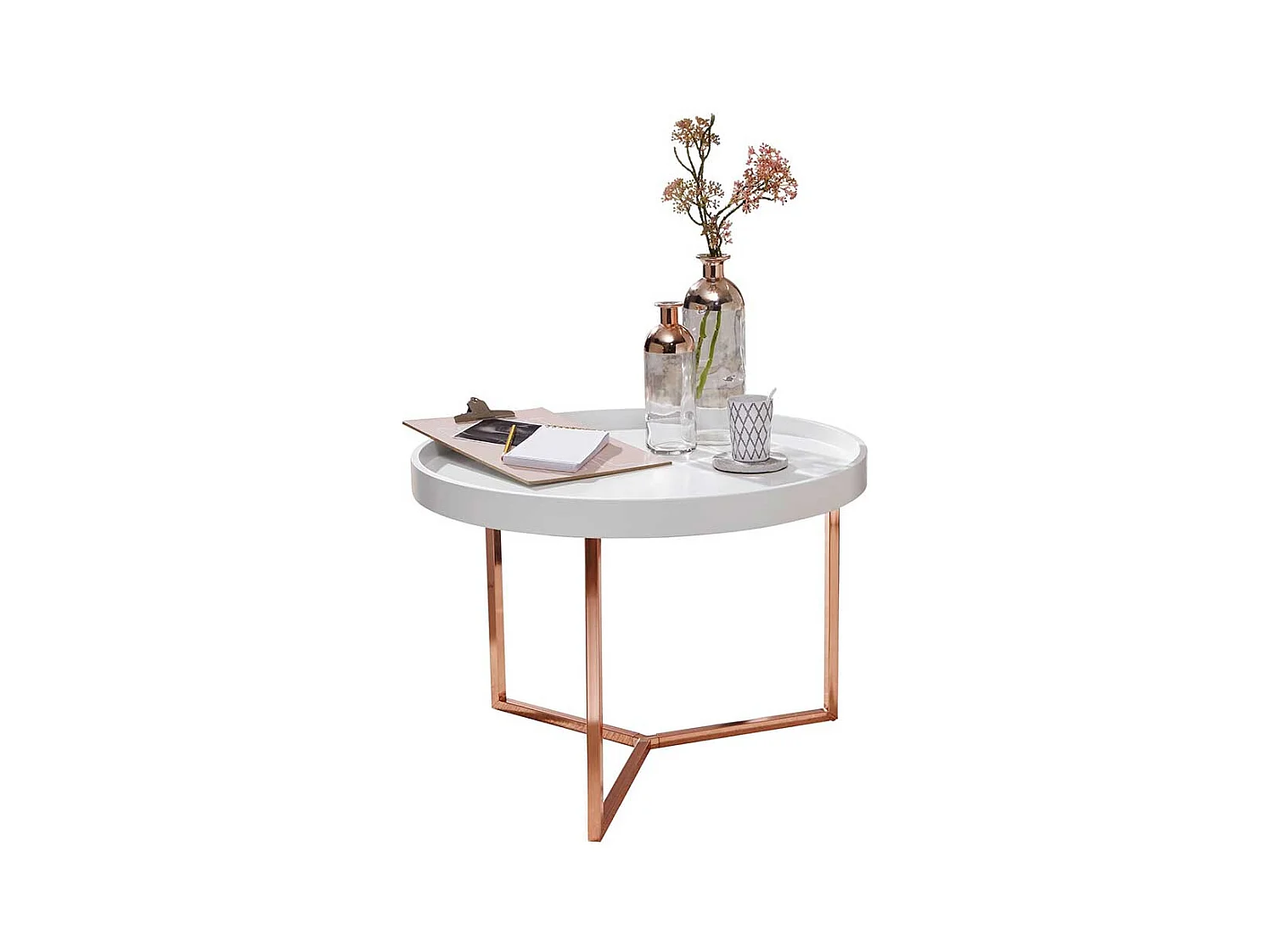 Tablett Couchtisch in Weiß und Kupferfarben rund