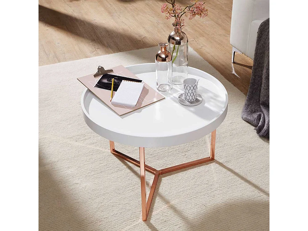 Tablett Couchtisch in Weiß und Kupferfarben rund