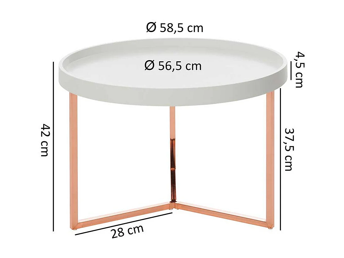 Tablett Couchtisch in Weiß und Kupferfarben rund