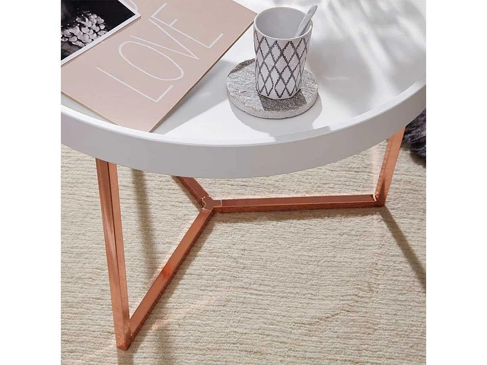 Tablett Couchtisch in Weiß und Kupferfarben rund