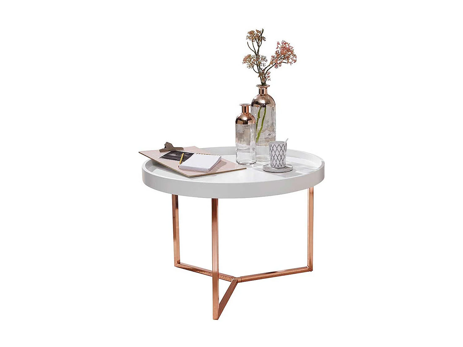 Tablett Couchtisch in Weiß und Kupferfarben rund