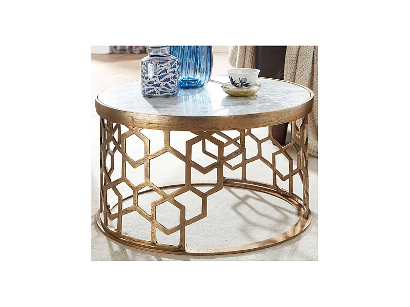 Runder Wohnzimmer Tisch in Goldfarben weißer Marmorplatte