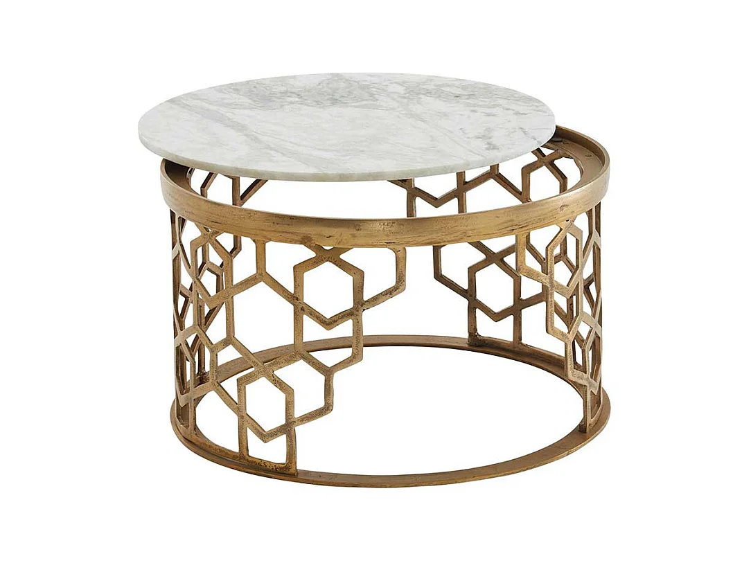 Runder Wohnzimmer Tisch in Goldfarben weißer Marmorplatte