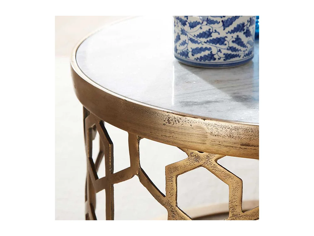 Runder Wohnzimmer Tisch in Goldfarben weißer Marmorplatte