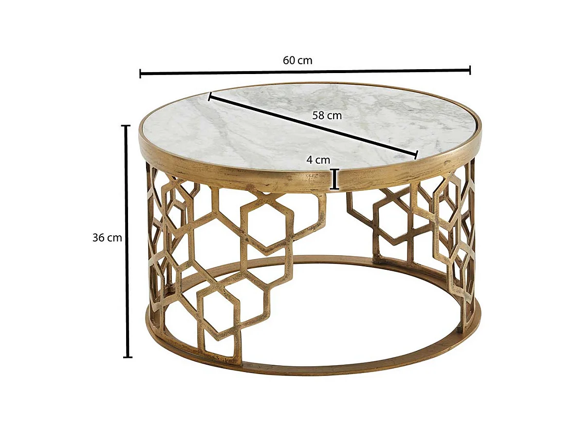 Runder Wohnzimmer Tisch in Goldfarben weißer Marmorplatte