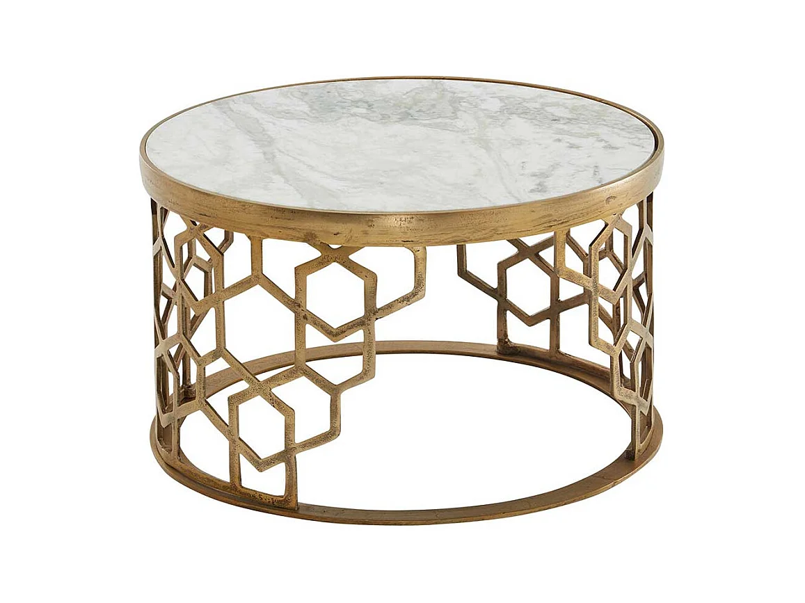 Runder Wohnzimmer Tisch in Goldfarben weißer Marmorplatte