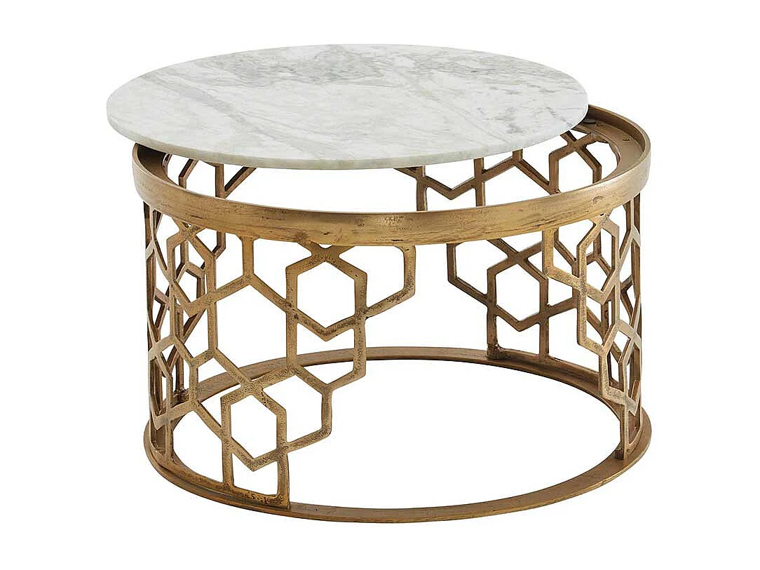 Runder Wohnzimmer Tisch in Goldfarben weißer Marmorplatte