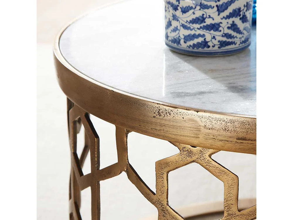 Runder Wohnzimmer Tisch in Goldfarben weißer Marmorplatte