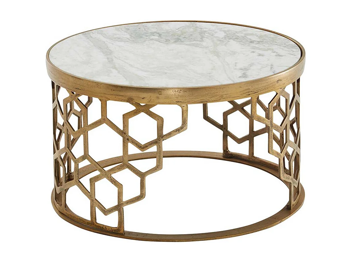 Runder Wohnzimmer Tisch in Goldfarben weißer Marmorplatte