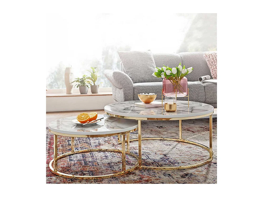 Marmor Optik Couchtische in Weiß und Goldfarben modern (zweiteilig)