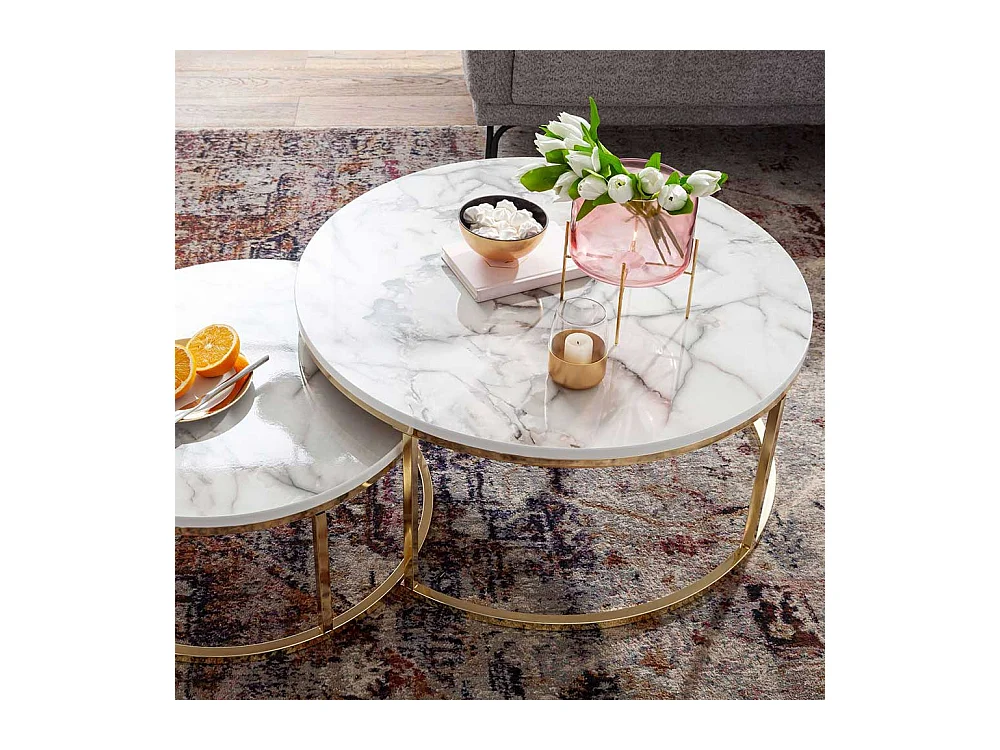 Marmor Optik Couchtische in Weiß und Goldfarben modern (zweiteilig)