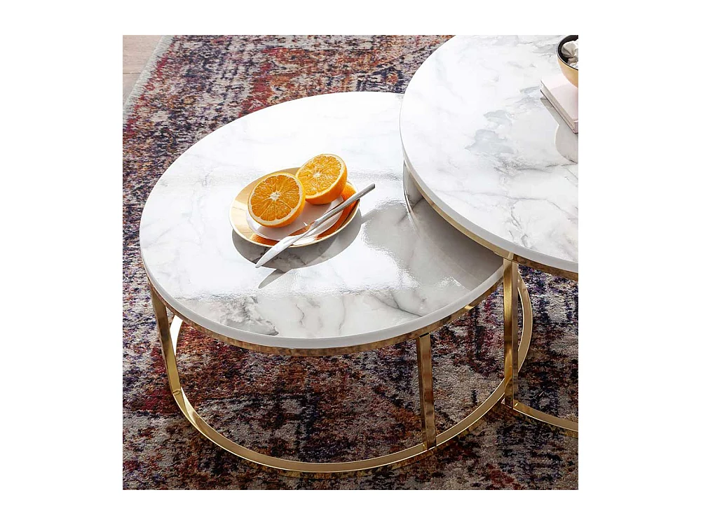Marmor Optik Couchtische in Weiß und Goldfarben modern (zweiteilig)