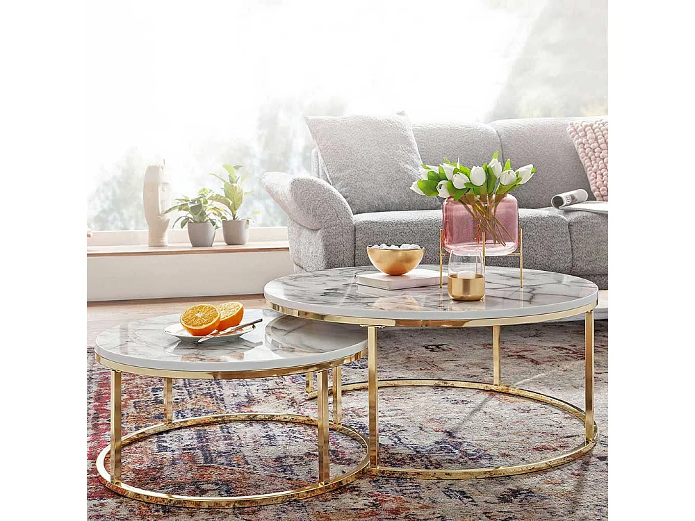 Marmor Optik Couchtische in Weiß und Goldfarben modern (zweiteilig)