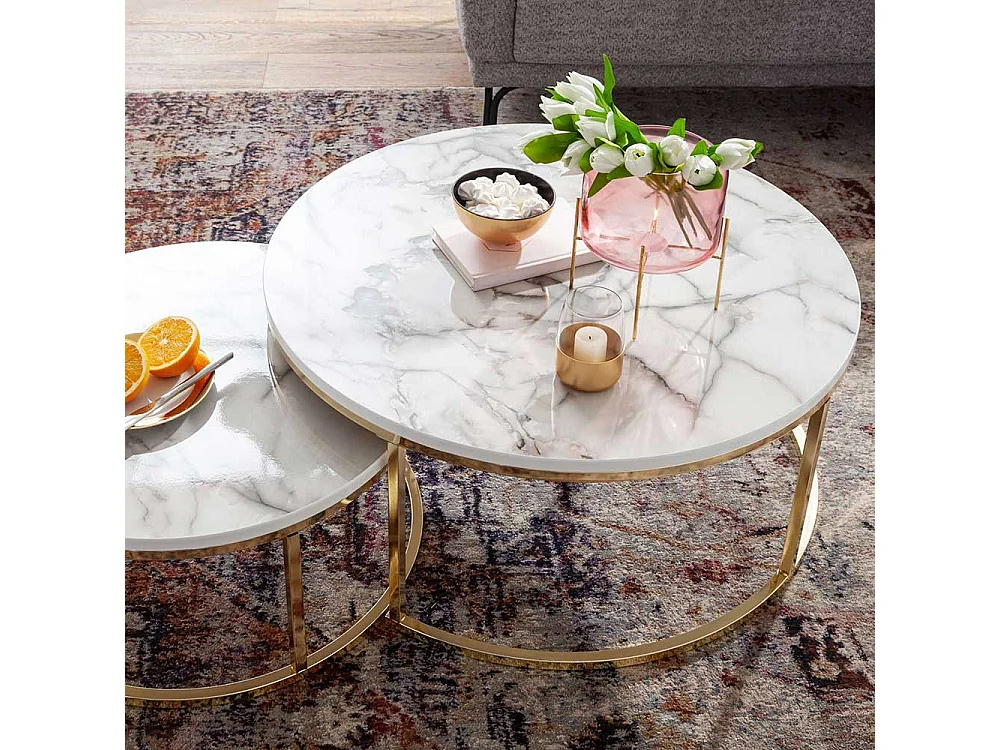 Marmor Optik Couchtische in Weiß und Goldfarben modern (zweiteilig)