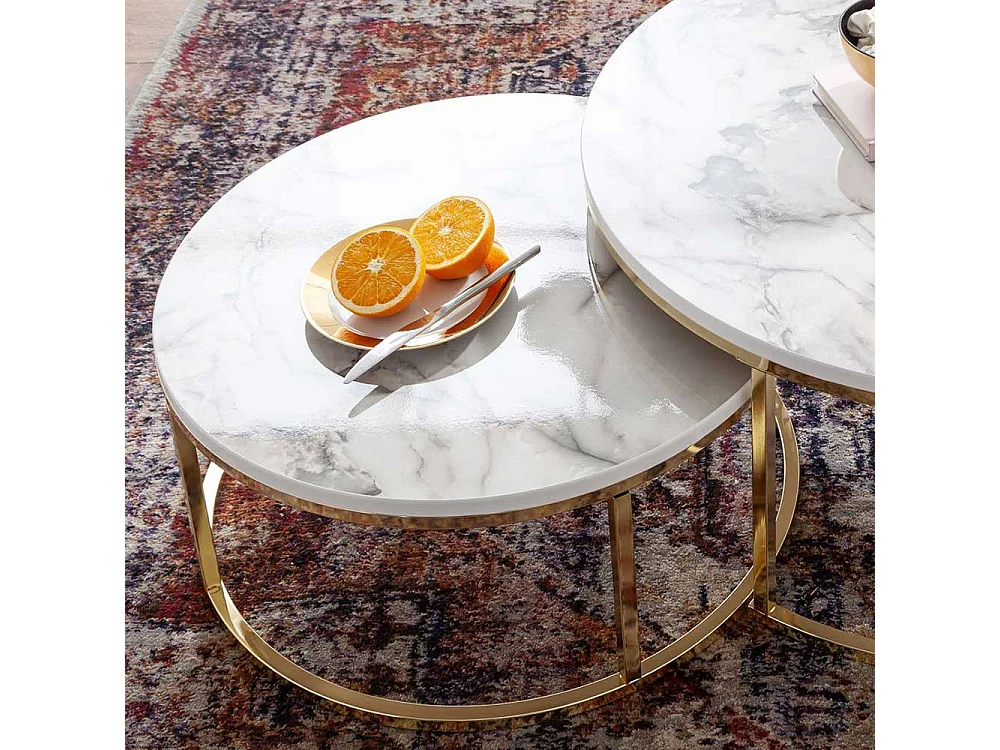 Marmor Optik Couchtische in Weiß und Goldfarben modern (zweiteilig)