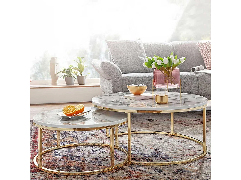 Marmor Optik Couchtische in Weiß und Goldfarben modern (zweiteilig)