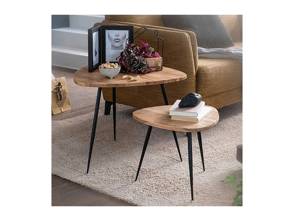 Couchtisch Set aus Akazie Massivholz und Edelstahl Wankelform (zweiteilig)